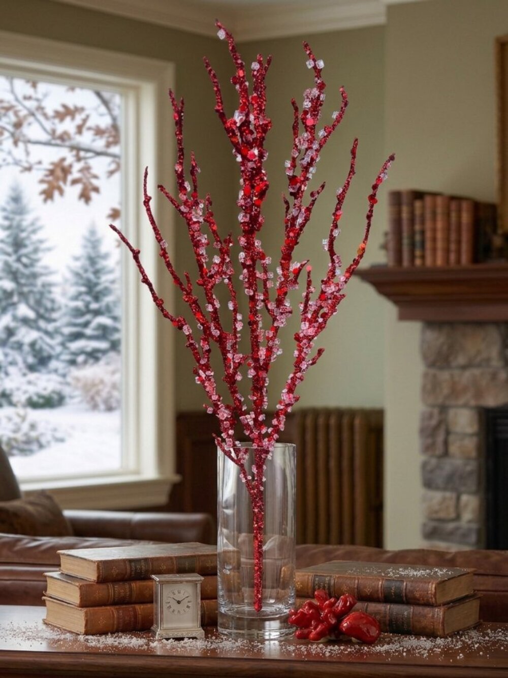 25" Red Glitter Glass Bead Ice Branch Pick Christmas Tree Wreath Decor Stem